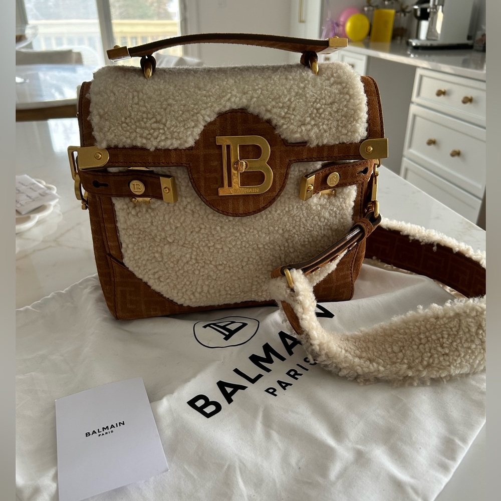Balmain BBuzz Shearling & Suede Satchel Handbag
